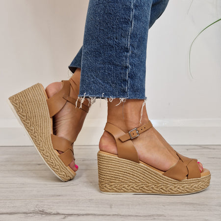 Oh My Sandals Crossover Strap Wedge Sandals - Camel