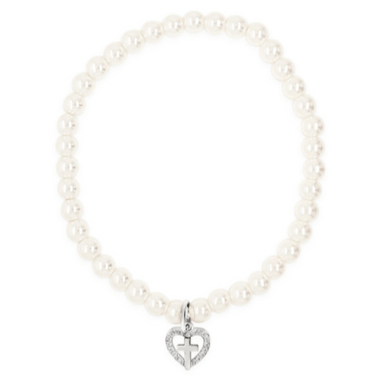 Absolute Kids Silver Pearl with Crystal Heart & Cross Bracelet