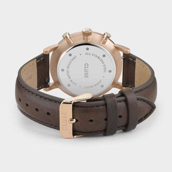 Cluse Aravis Chrono Rose Gold/Brown Leather Watch White