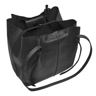 Black leather handbag with a shoulder strap on a white background