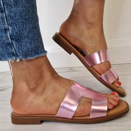 Oh My Sandals Ridged Leather Slip On Flat Mules - Pink