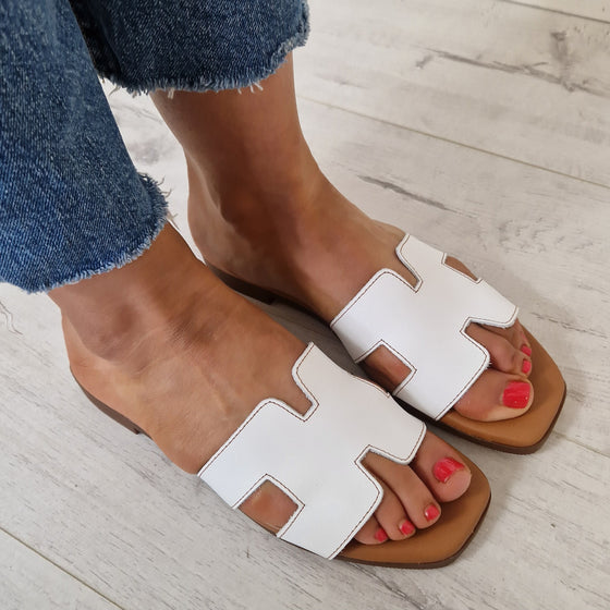 Oh My Sandals Leather Slip On Flat Mules - White