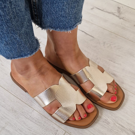 Oh My Sandals Ridged Leather Slip On Flat Mules - Pale Gold