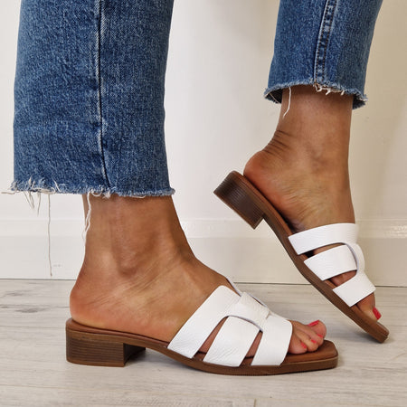 Oh My Sandals Leather Flat Slider Mules - White