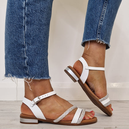 Oh My Sandals Leather Sparkly Flat Sandals - White