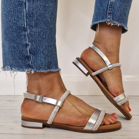 Oh My Sandals Leather Sparkly Flat Sandals - Silver