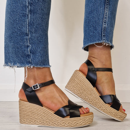 Oh My Sandals High Wedge Leather Sandals - Black