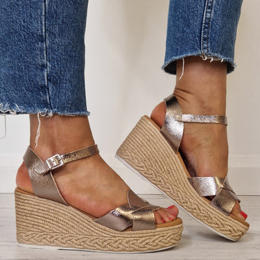 Oh My Sandals High Wedge Leather Sandals - Bronze