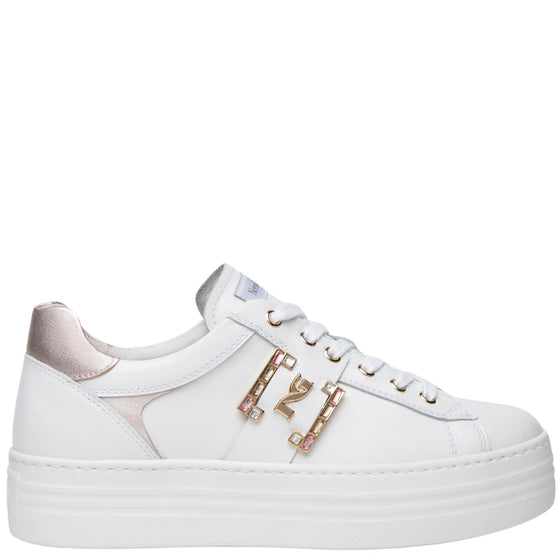 NeroGiardini White Leather Sparkly Logo Sneakers