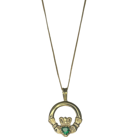 9ct Gold Claddagh Emerald Pendant & Chain Necklace Set