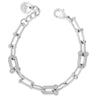 Silver bracelet with chain and interlocking links on a white background