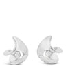 Pair of silver crescent moon earrings on a white background