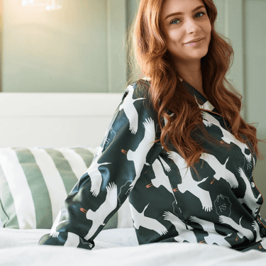 ladies satin dark green pjs with white bird pattern