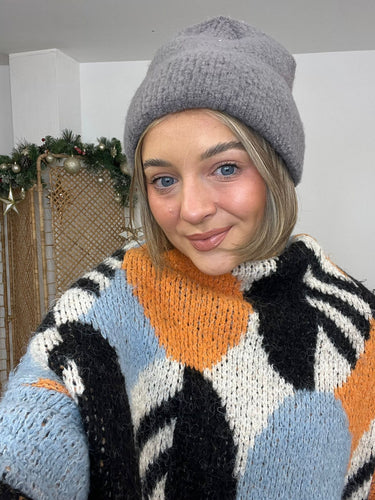 Soft Boucle Wool Knitted Beanie Hat - Grey