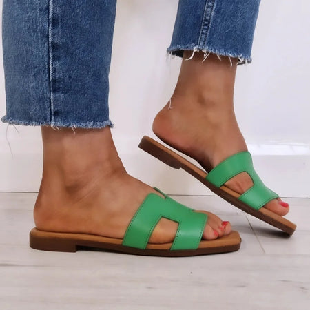 Oh My Sandals Leather Slip On Flat Mules - Green