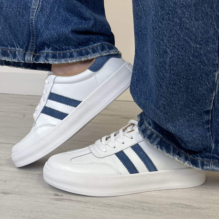 Drilleys Fifty White Sneakers - Navy Stripe