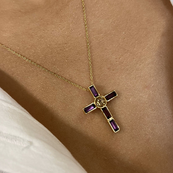 Rebecca Judith Gold Jewelled Cross Necklace - Purple