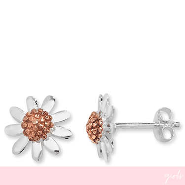 Daisy-shaped earrings with rose gold center on a white background