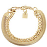 A gold-toned multi-strand chain bracelet featuring textured wavy links, a smooth chain layer, and a small square charm, displayed on a light gray background.