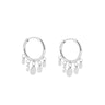 A pair of silver hoop earrings with dangling flat oval charms, shown on a clean white background.