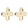 A pair of gold flower-shaped stud earrings with a textured hammered finish and a small central pearl, shown on a light gray background.