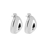 A pair of polished silver teardrop-shaped hoop earrings with a hollow center cutout, displayed on a light gray background.