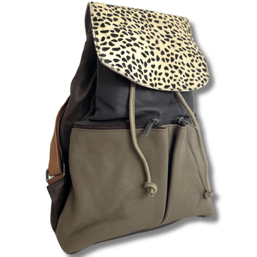 ladies-dark leather backpack with giraffe patten