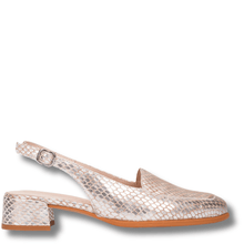 Snake print sandal with a block heel on a white background