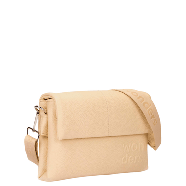 Beige handbag with 'wonders' branding on a white background