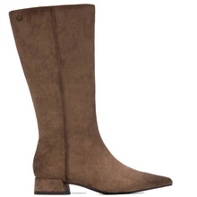 A single knee-high boot in brown suede, shown from a side profile against a plain white background.