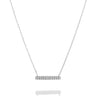 A silver bar necklace with a row of small clear stones set in a horizontal bar, suspended from a delicate silver chain against a light gray background.