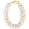 Multi-layered pearl necklace with a gold clasp on a white background