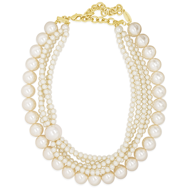 Multi-layered pearl necklace with a gold clasp on a white background