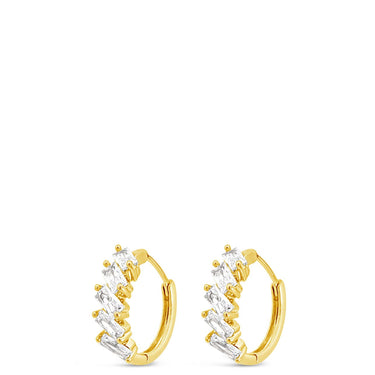 Gold hoop earrings with small pearls on a white background