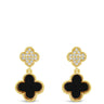 Pair of gold and black earrings on a white background