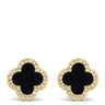 Pair of black clover-shaped earrings on a white background