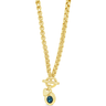 Gold necklace with a blue gemstone pendant on a white background