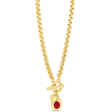 Gold necklace with a red gemstone pendant on a white background