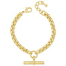 Gold bracelet with a clasp and toggle charm on a white background