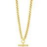 Gold necklace with a cylindrical pendant on a white background