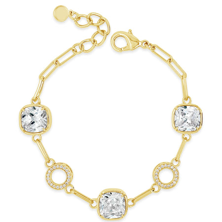 Absolute Gold & Clear Crystal Square Pendant Link Bracelet
