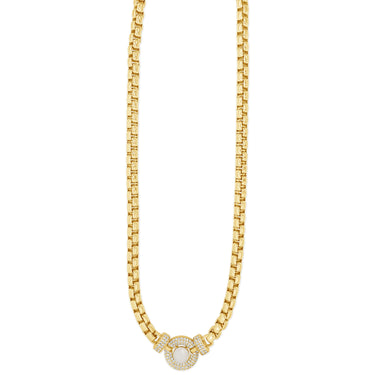 Gold necklace with a pearl pendant on a white background