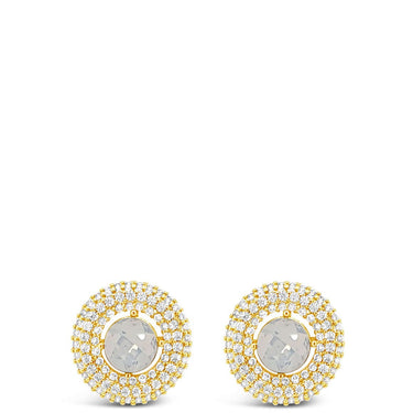 Pair of gold earrings with circular designs on a white background