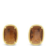 A pair of gold stud earrings with cushion-cut brown gemstones, set against a plain white background.