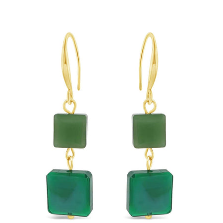 Absolute Gold Emerald Green Square Bead Drop Earrings