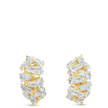 Pair of gold hoop earrings on a white background