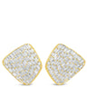 Gold and crystal square earrings on a white background