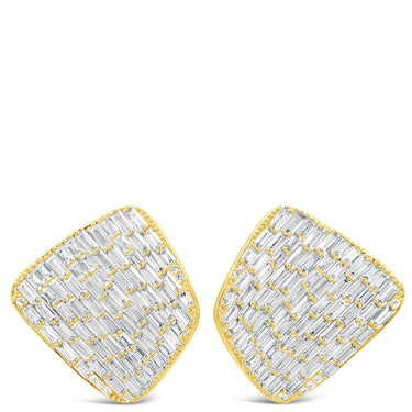 Gold and crystal square earrings on a white background