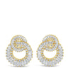 A pair of gold crescent-shaped stud earrings adorned with clear baguette-cut stones, set against a plain white background.