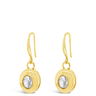 Gold earrings with clear gemstones on a white background